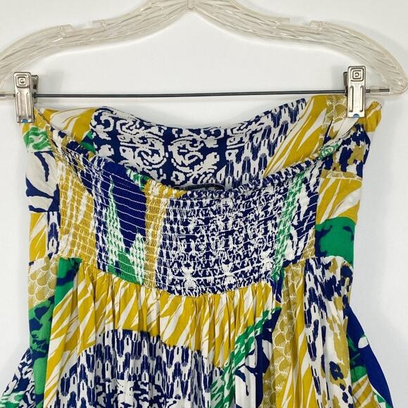 Forever 21 Island Tropical Vacation Strapless Dress Yellow Blue Green Sundress - Picture 8 of 11